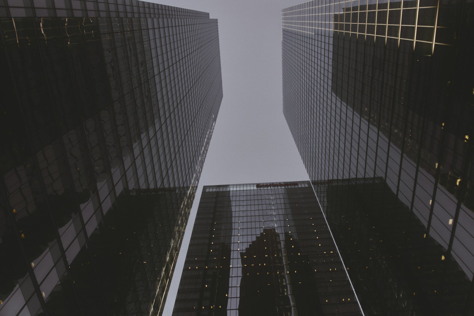 looking up at tall buildings in a city