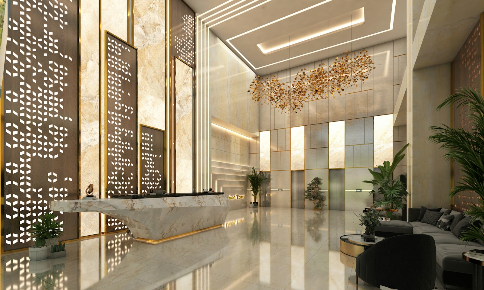Modern lobby with marble reception desk and elevators