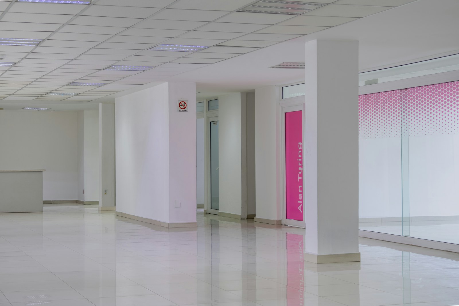 Empty modern office space with white walls and pink window