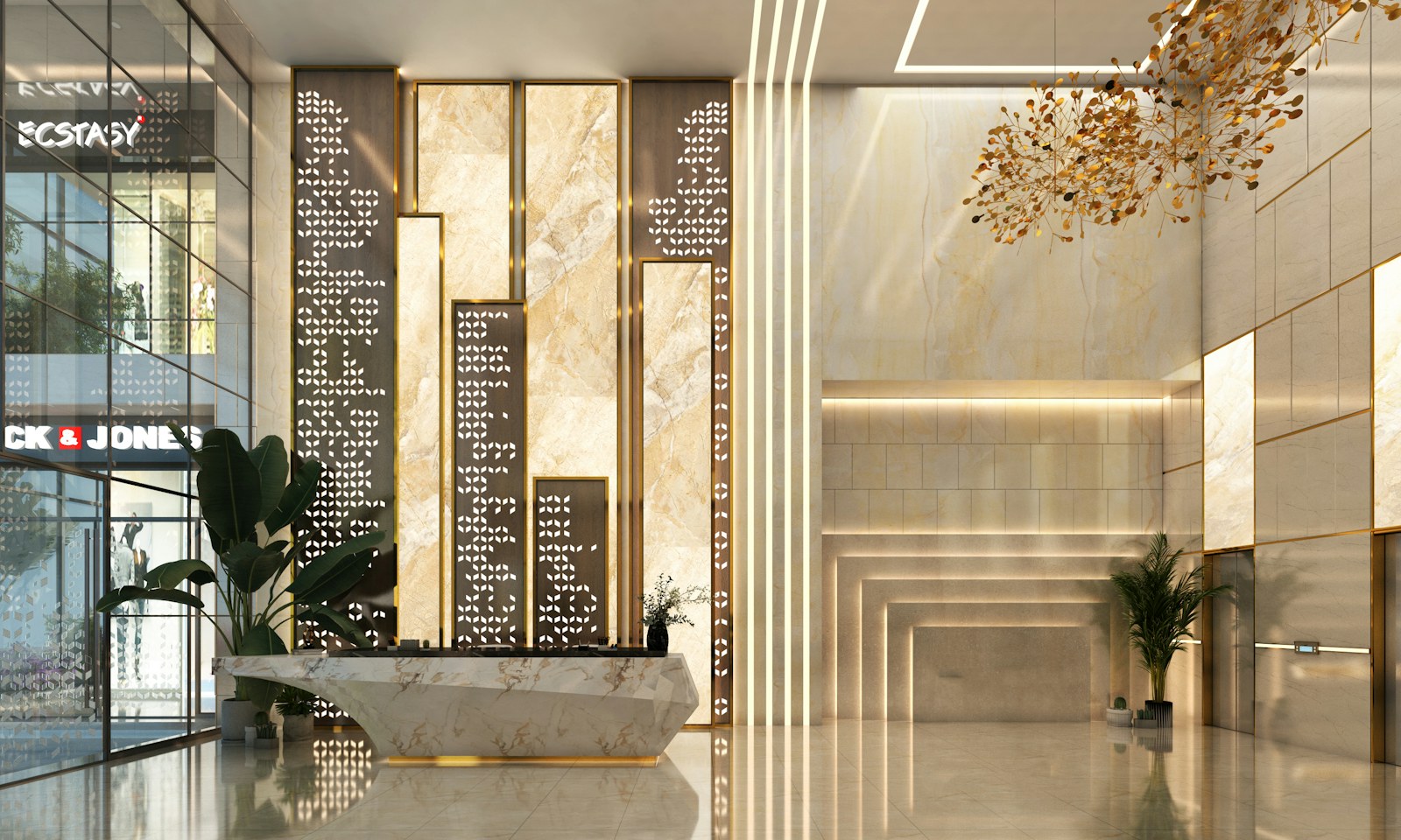 Modern lobby with marble accents and decorative lighting