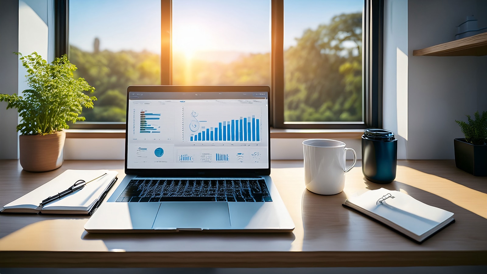 Laptop with charts on a desk by a sunny window