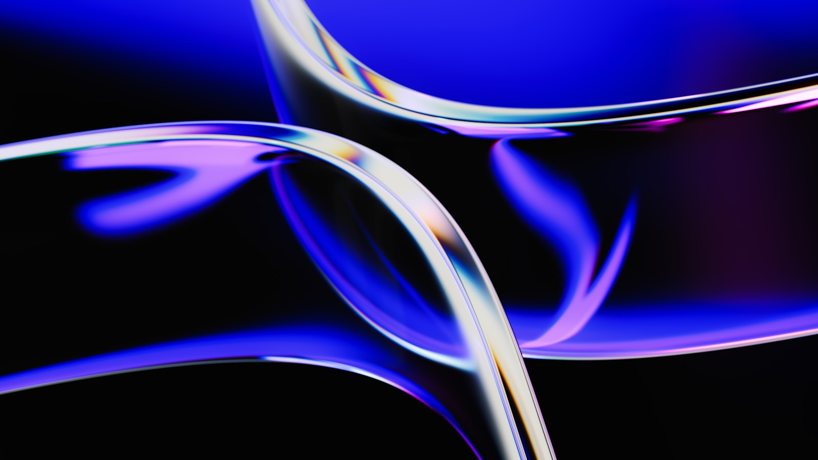 Abstract flowing curves with blue and purple light reflections on a dark background