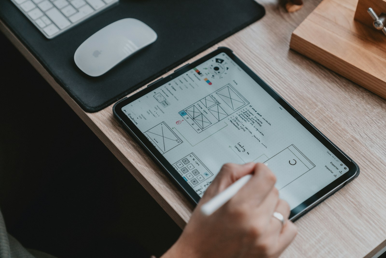 A person using a stylus on a tablet displaying wireframe sketches on a wooden desk