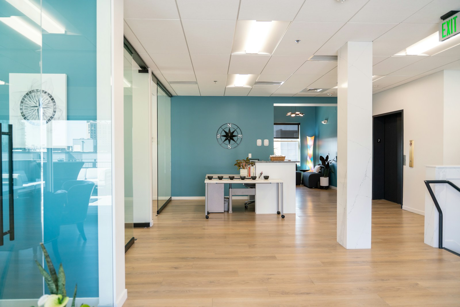 A bright and modern office interior is shown