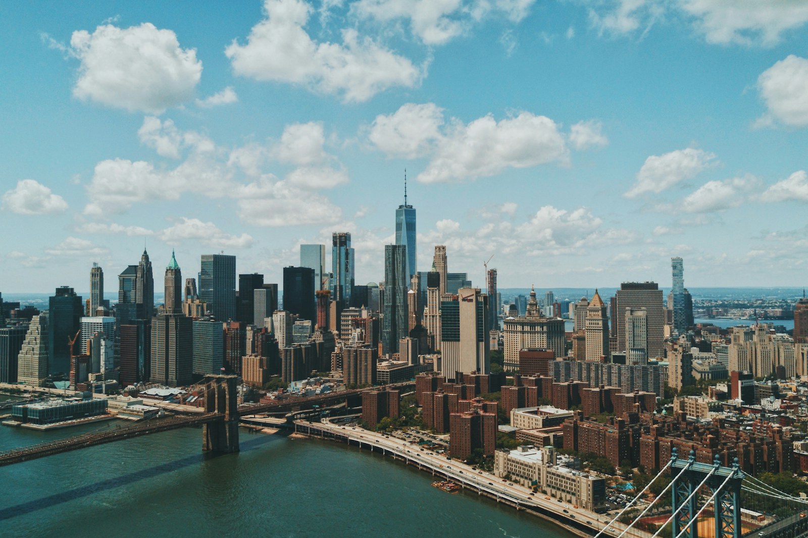 The Manhattan skyline and Brooklyn Bridge over the East River in New York