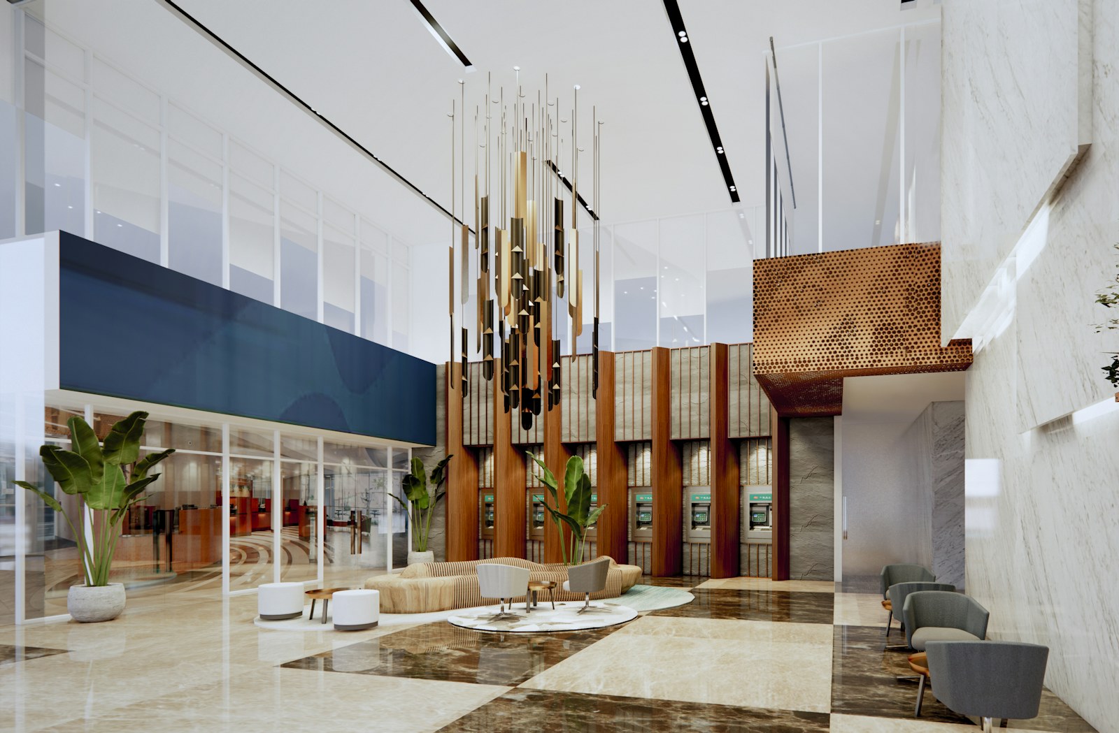 Modern lobby with contemporary art installation and seating area