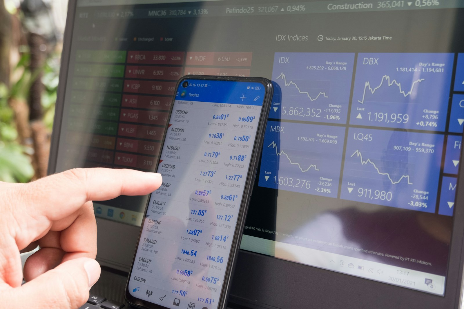 A hand pointing at a smartphone displaying currency quotes against a laptop