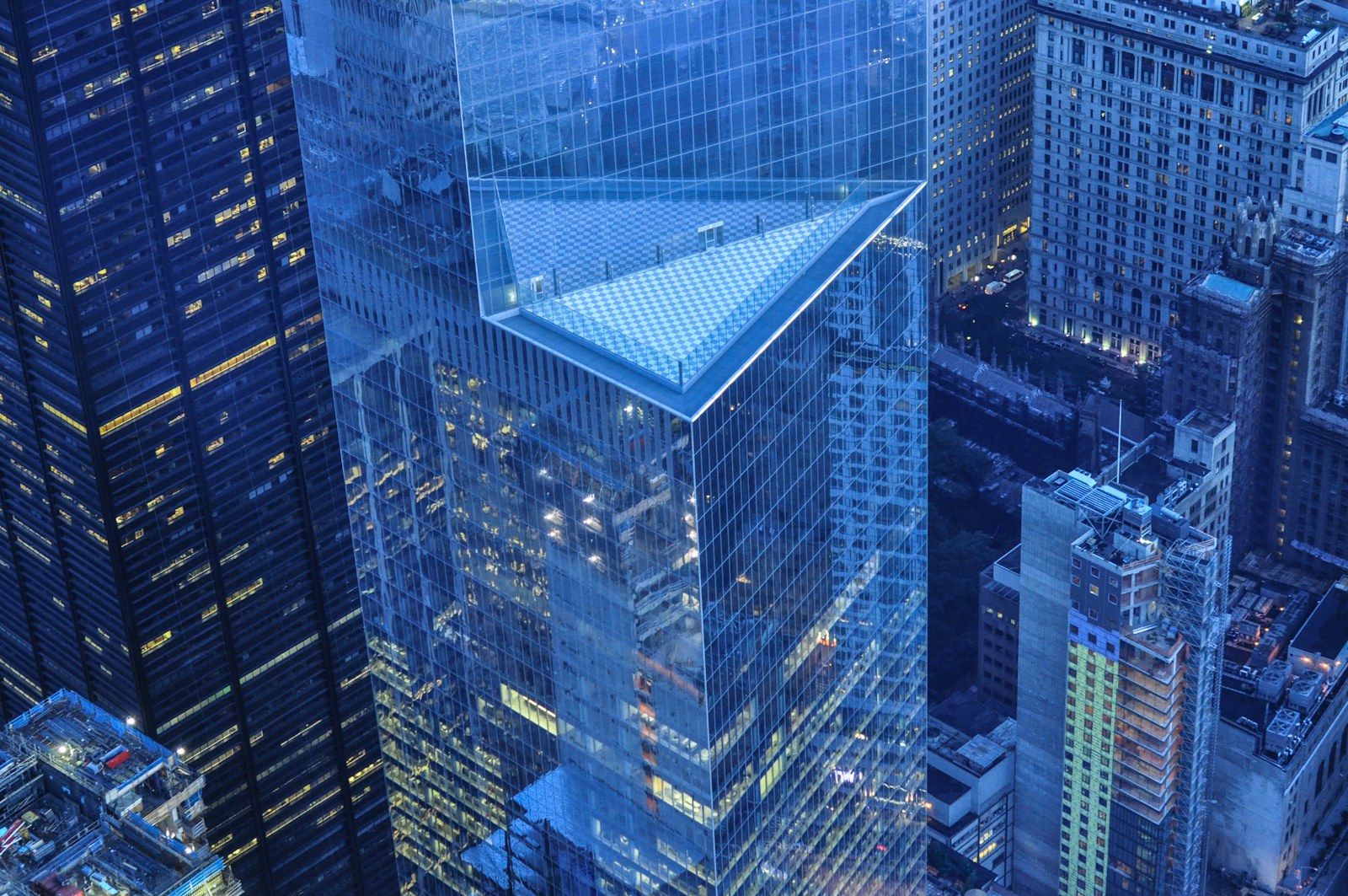 An aerial view of the One World Trade Center skyscraper in New York City
