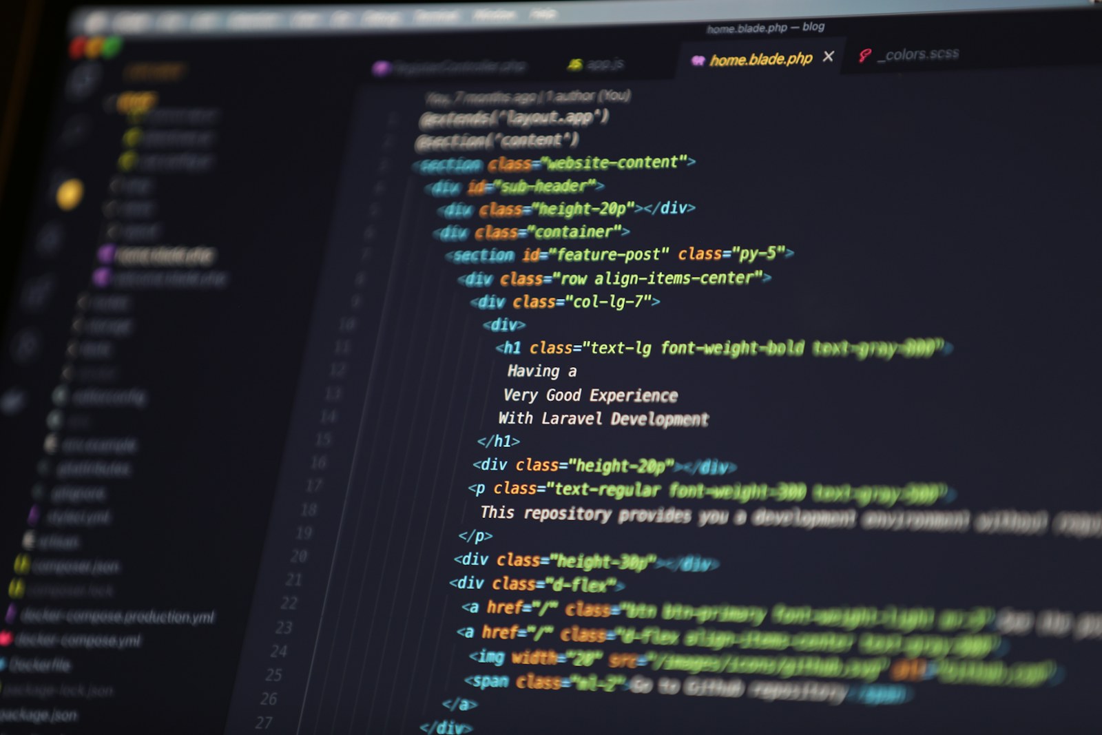 Computer screen displaying HTML code for a web development project