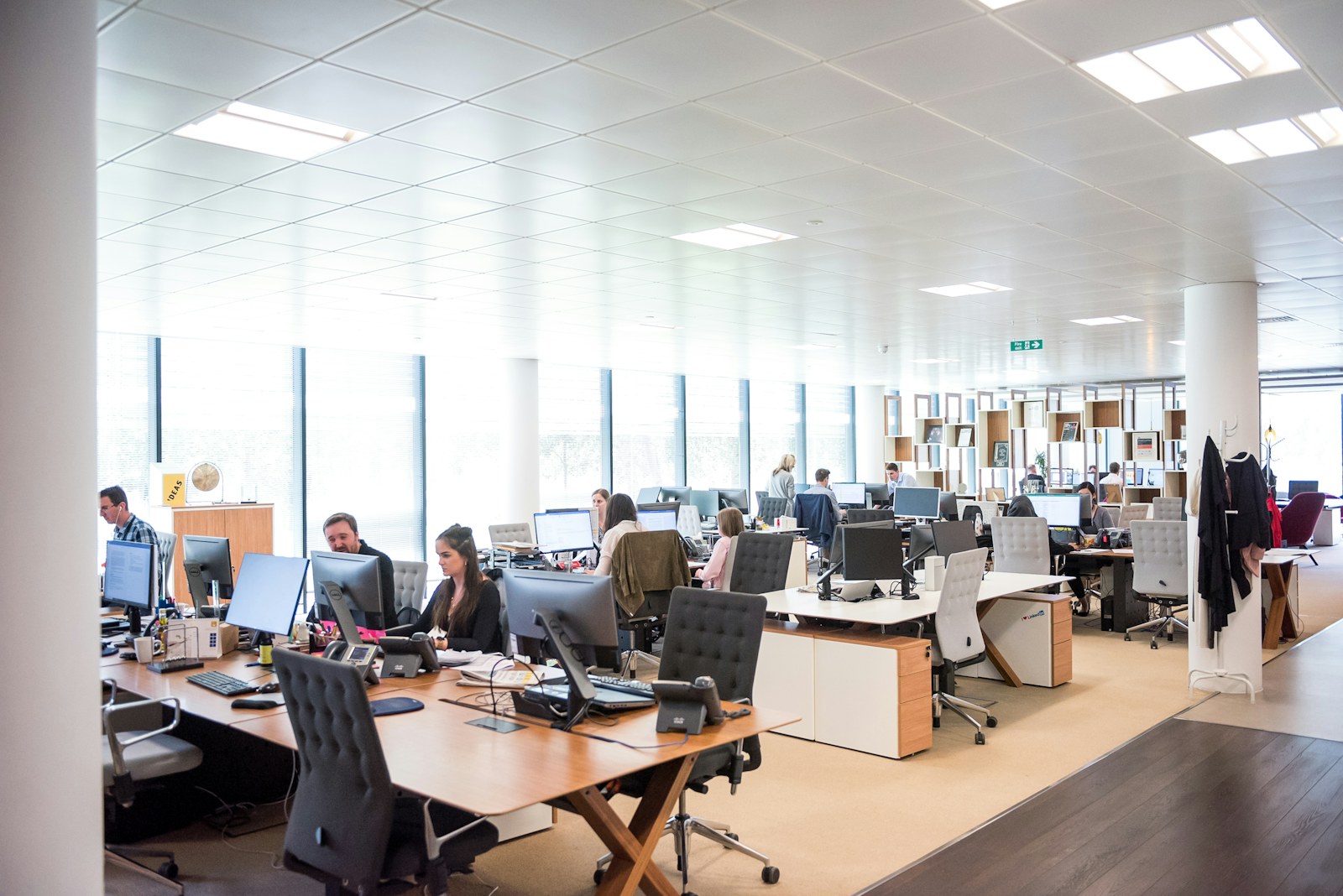 people working at desks in open office