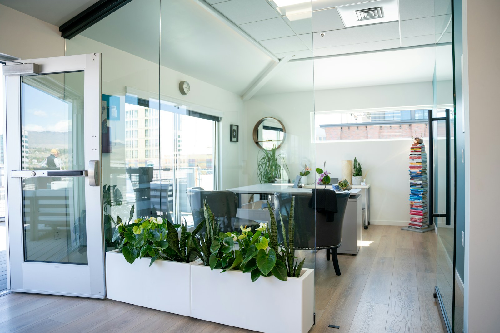 A bright and modern office space with glass walls