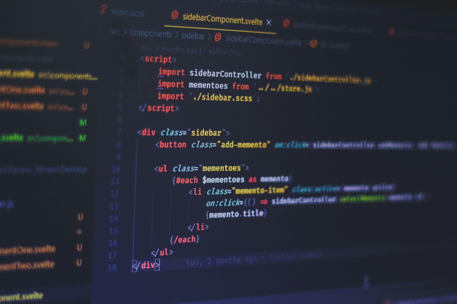 Svelte code displayed on a dark computer screen in a code editor