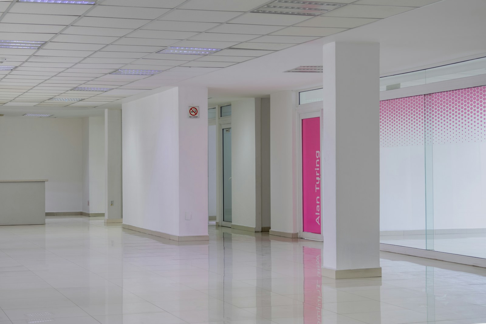 Empty modern office space with white walls and pink window