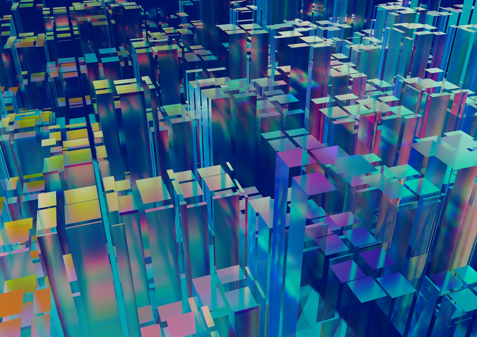 Iridescent blue and purple rectangular prisms arranged in a dense grid pattern
