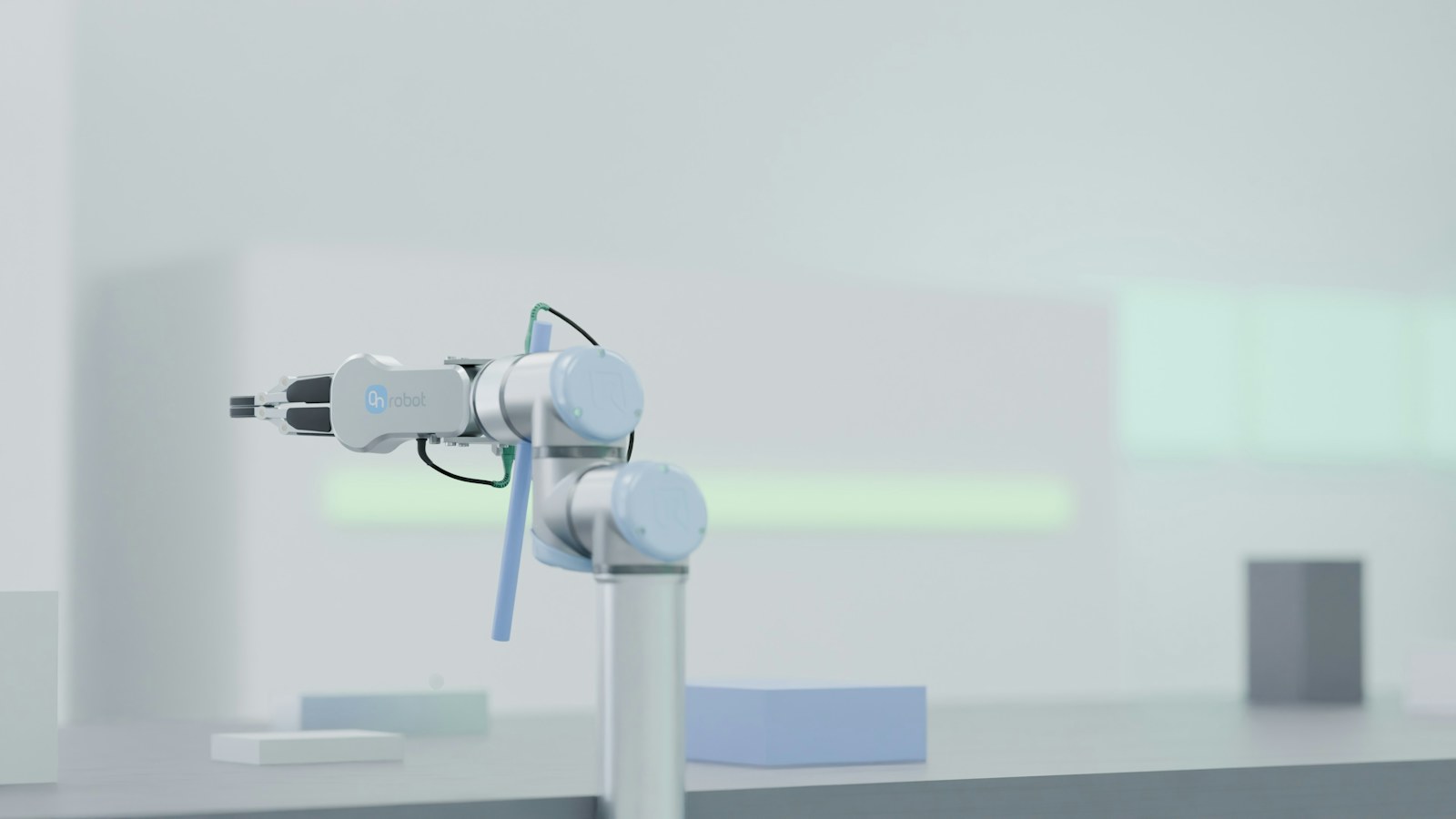 A robotic arm in a clean, minimalist laboratory setting