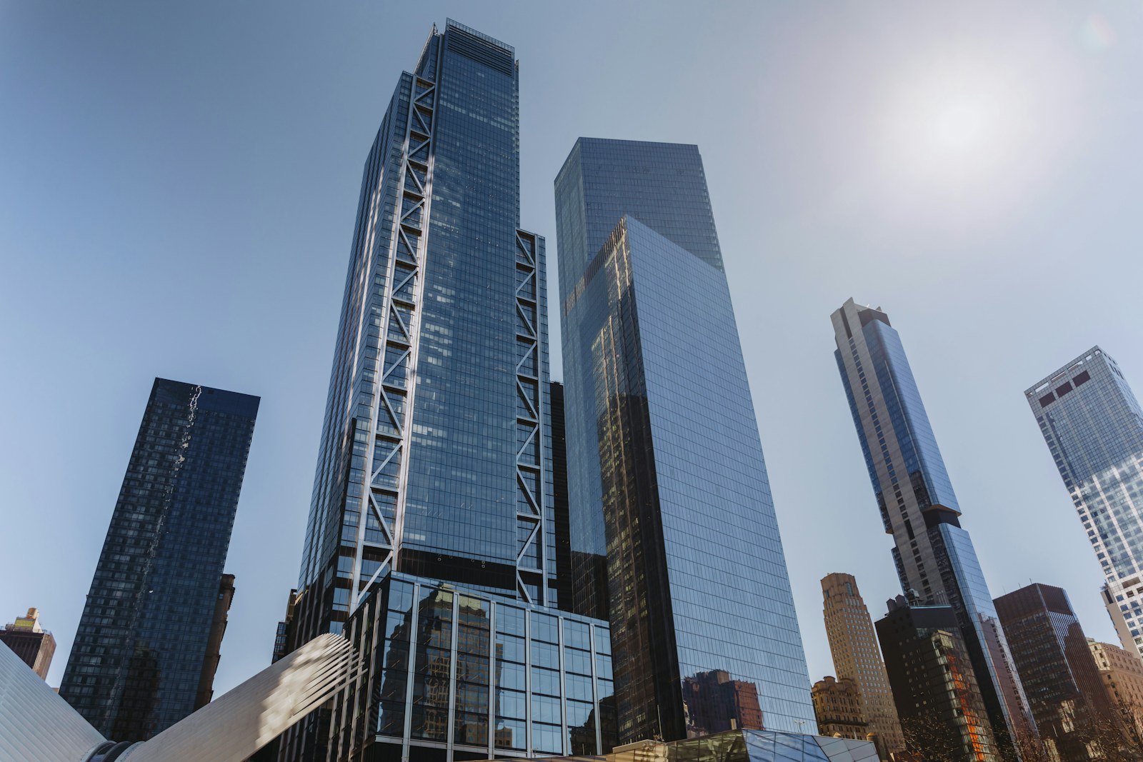 Modern skyscrapers against a clear blue sky