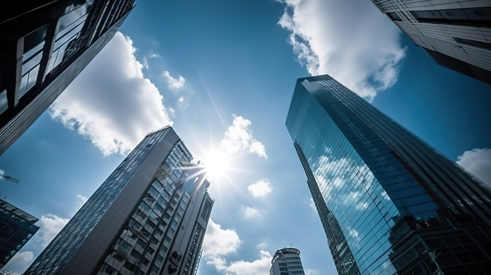 Skyscrapers reaching towards a bright, sunny sky