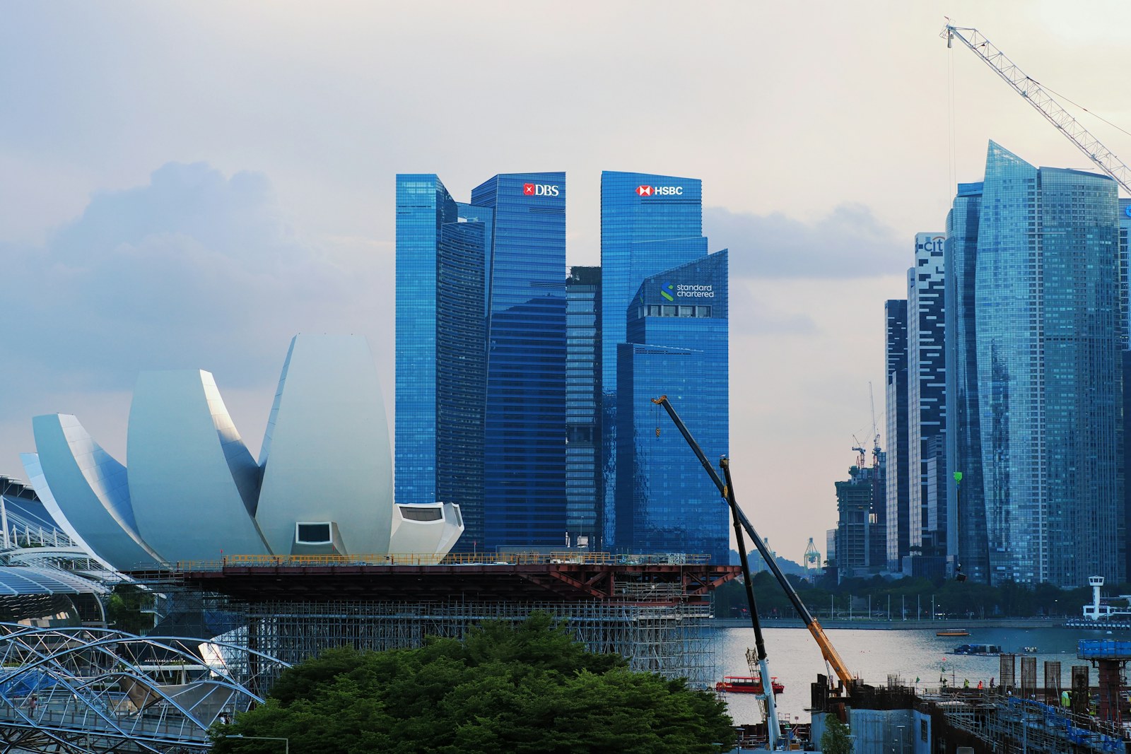 Modern skyscrapers and unique architecture by the water
