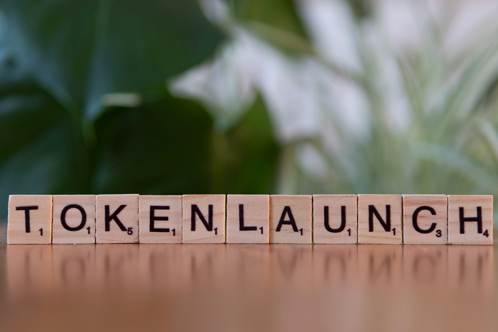 A wooden block spelling out the word tokenlaunch