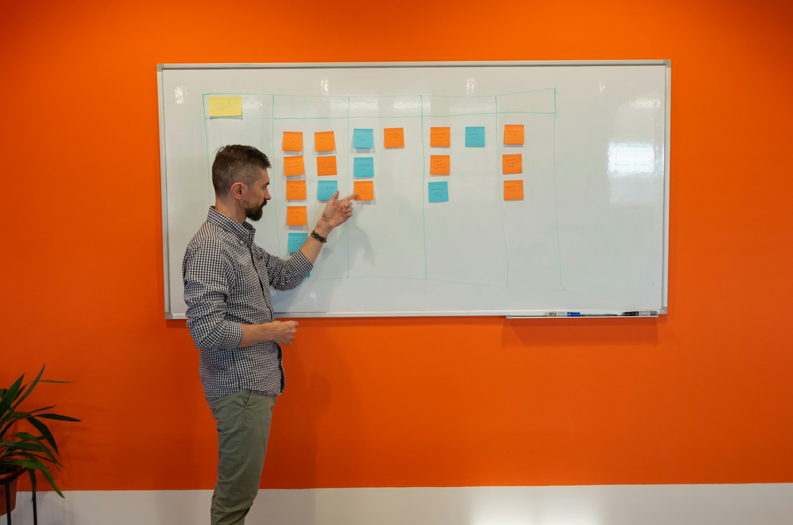 a man standing in front of a white board